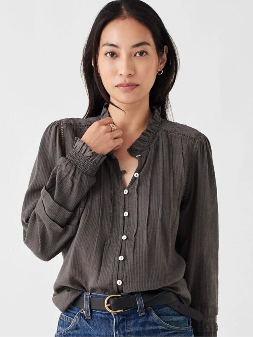 Faherty Willa Top Faded Black Gray Front Button Peasant Organic Cotton Blouse